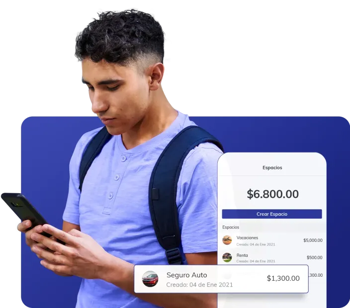 Young man with backpack looking at phone, with digital overlay showing savings spaces and amounts.