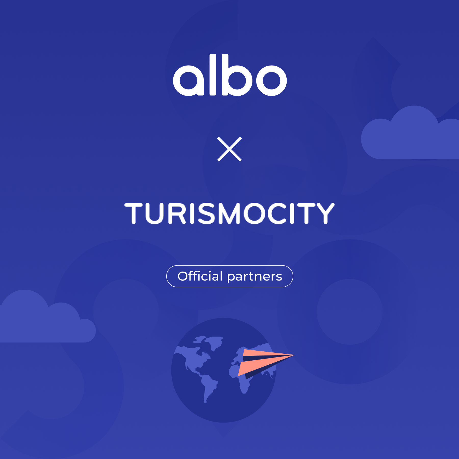 Texto de socios oficiales de albo y Turismocity con ícono de globo terráqueo y avión de papel sobre fondo azul.