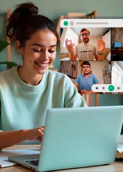 Mujer joven sonriendo y escribiendo en una laptop durante una videollamada con dos hombres en pantalla.