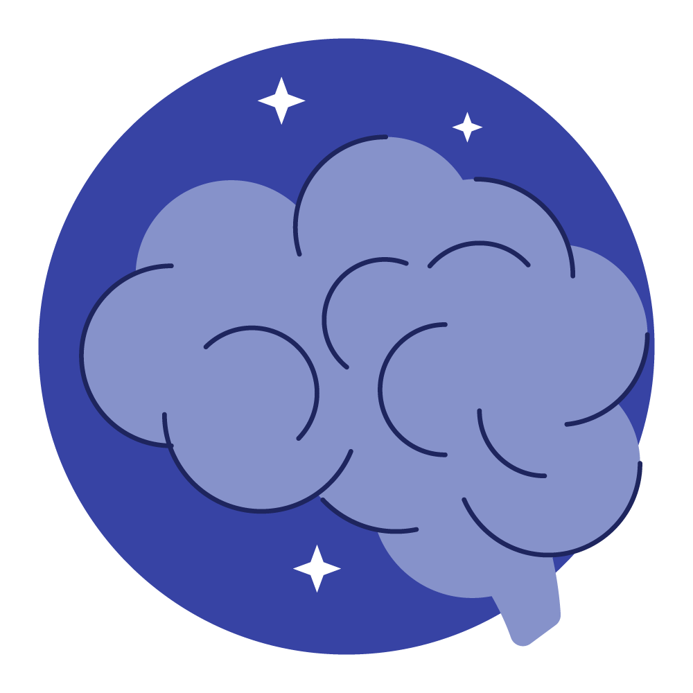 Ilustración de un cerebro azul con contornos oscuros sobre un fondo circular azul oscuro con estrellas blancas.
