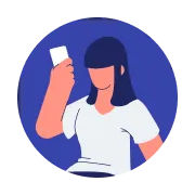 Ilustración de una mujer con cabello oscuro sosteniendo un smartphone blanco frente a un fondo circular azul.
