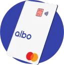 White Albo Mastercard credit card with chip on blue circular background.