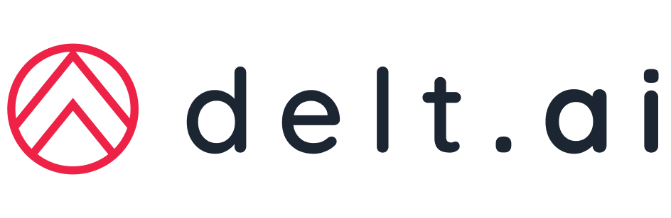 Logo de la empresa delt.ai con ícono rojo estilizado y texto en minúsculas negro.