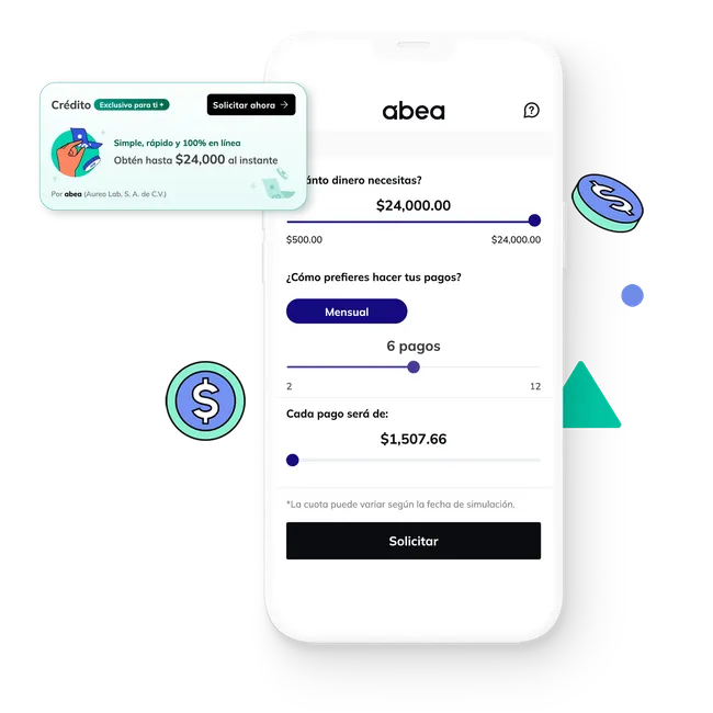 Mobile app screen showing loan simulation for $24,000 with 6 monthly payments of $1,507.66 each.