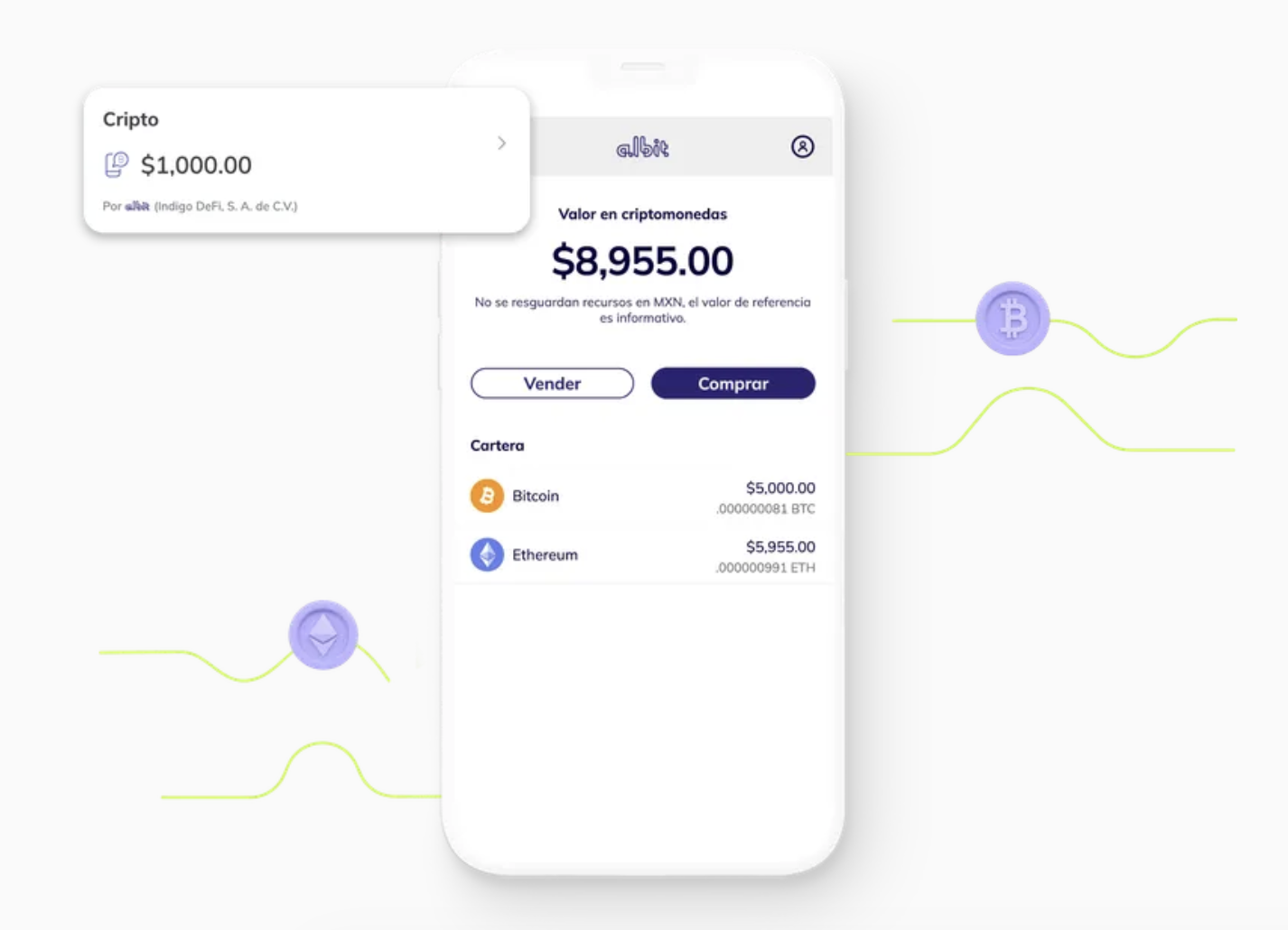 Mobile screen showing cryptocurrency wallet with Bitcoin and Ethereum balances and buy/sell options.