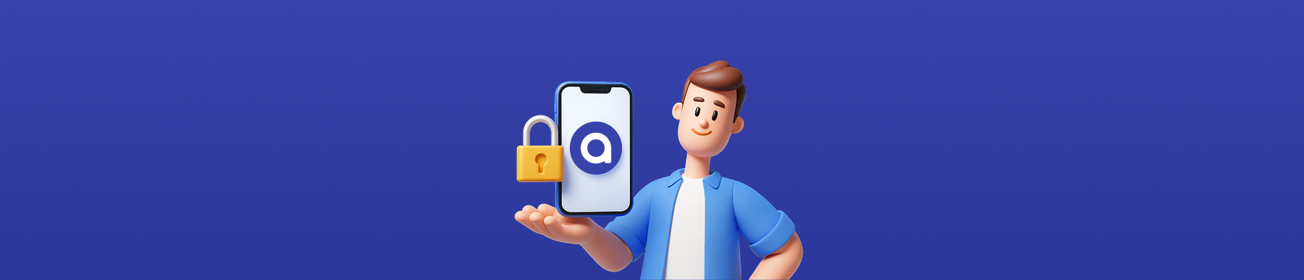 Hombre de caricatura sosteniendo un smartphone con un ícono de candado junto a él sobre un fondo azul.