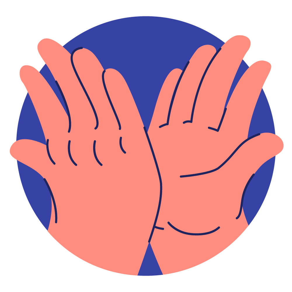 Ilustración de dos manos rosas juntas con los dedos extendidos, sobre un fondo circular azul.