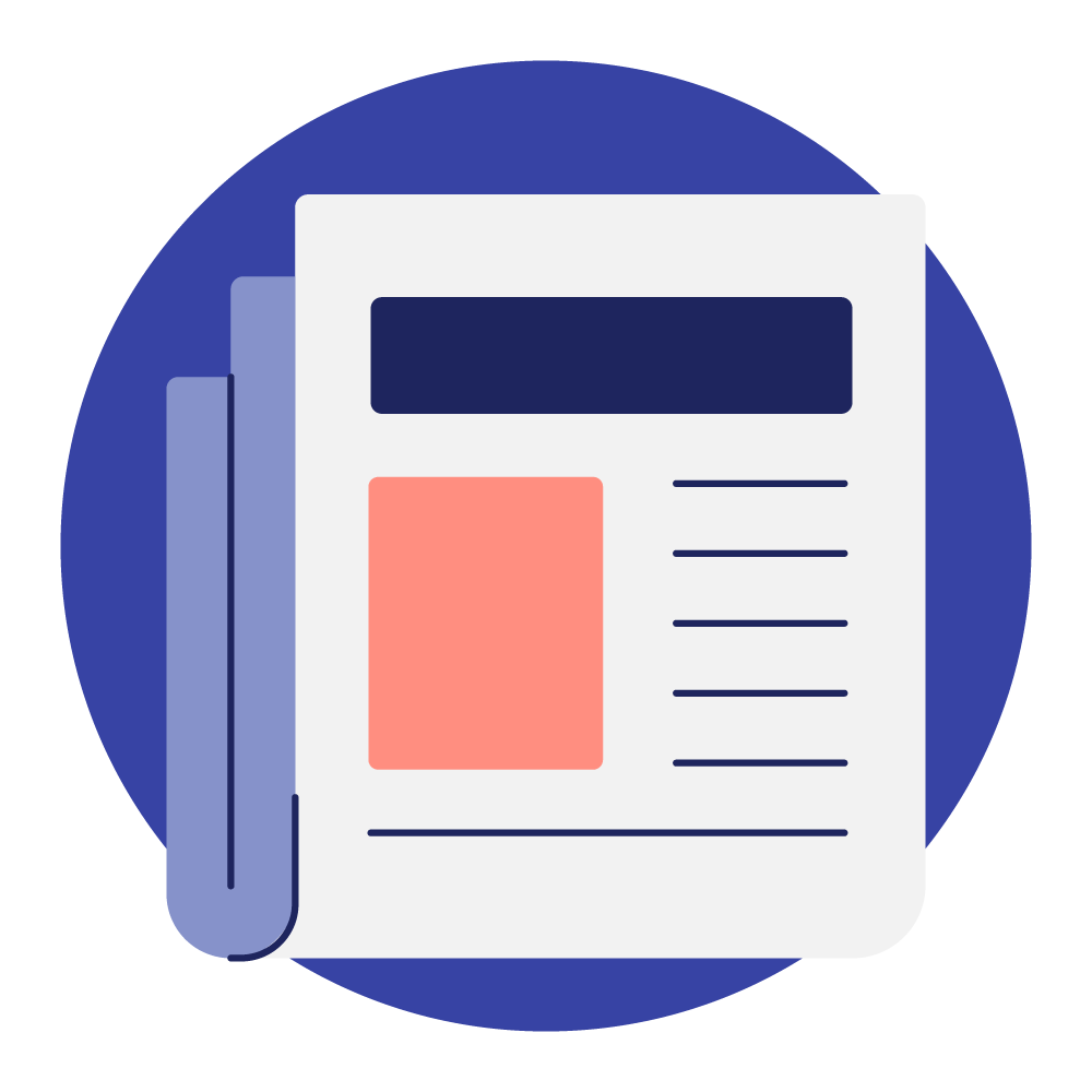 Ícono de un periódico doblado con titular, imagen y líneas de texto sobre un fondo circular azul.