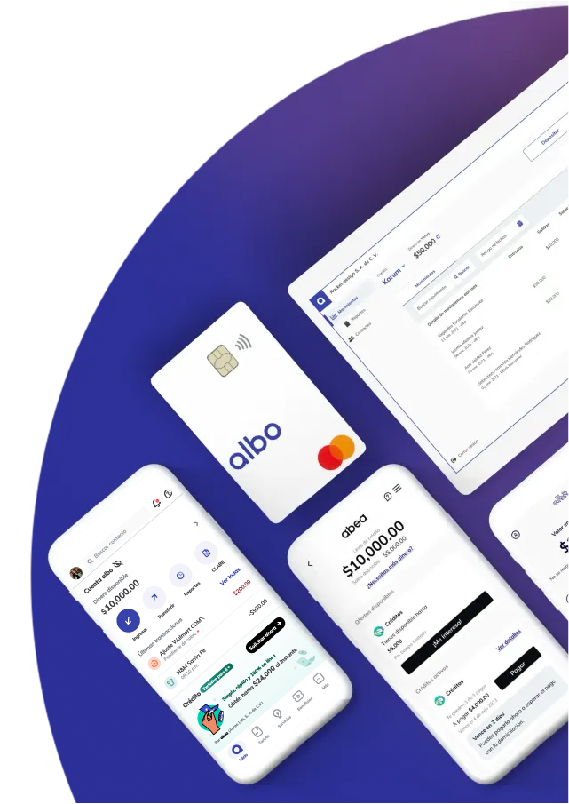 Mobile banking app interface on smartphones with white Albo Mastercard on blue background.