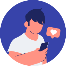 Persona sosteniendo un teléfono con un ícono de notificación de corazón arriba, sobre un fondo circular azul.