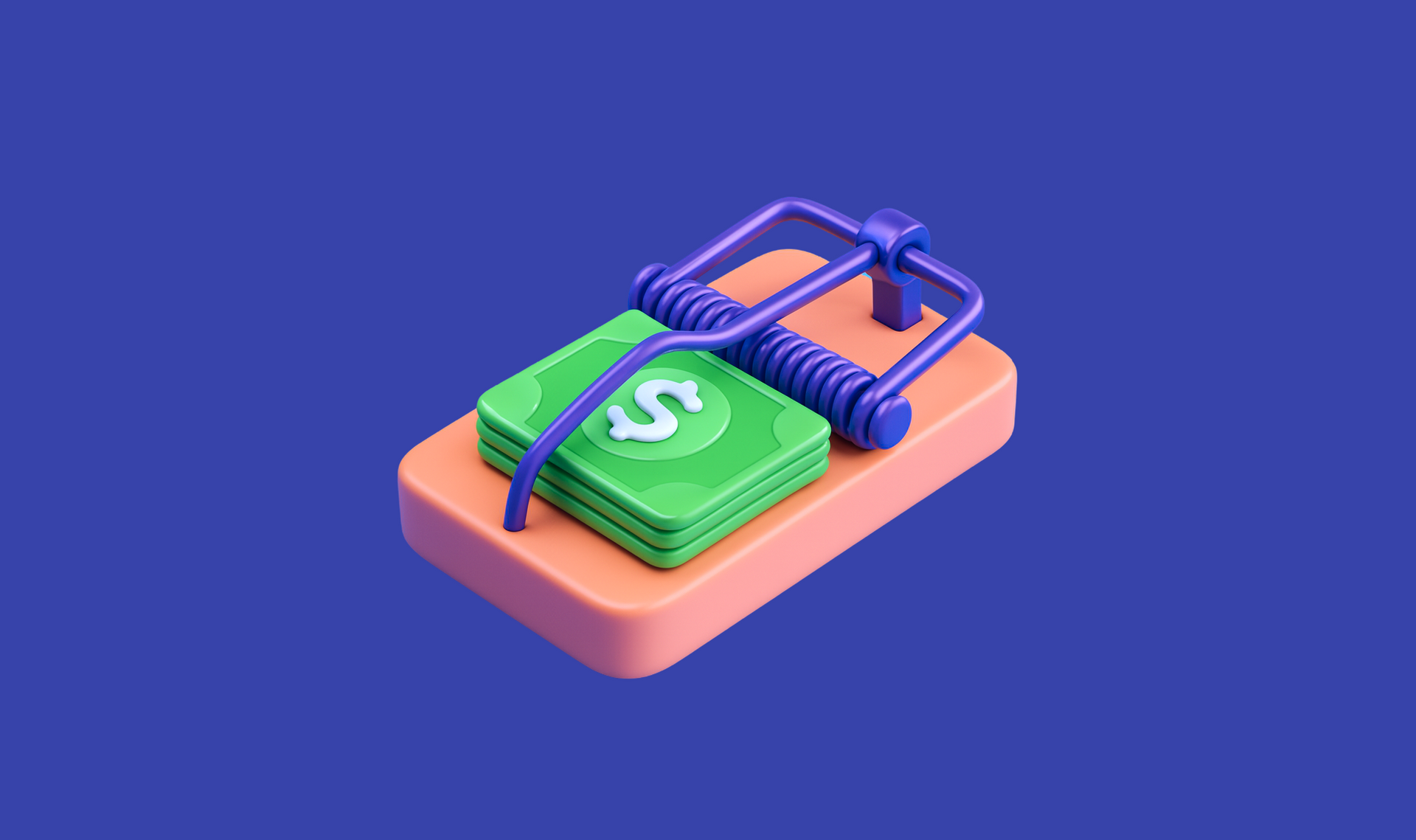 Ilustración 3D de una trampa para ratones sosteniendo un fajo de billetes verdes de dólar con un signo de dólar blanco.